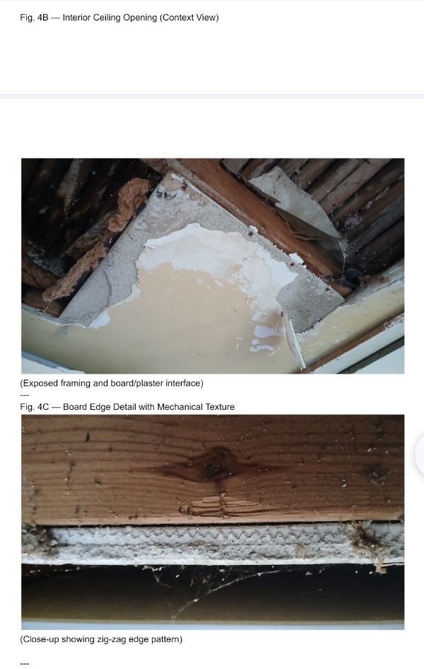 Anonymized photographic detail of layered ceiling material and exposed framing