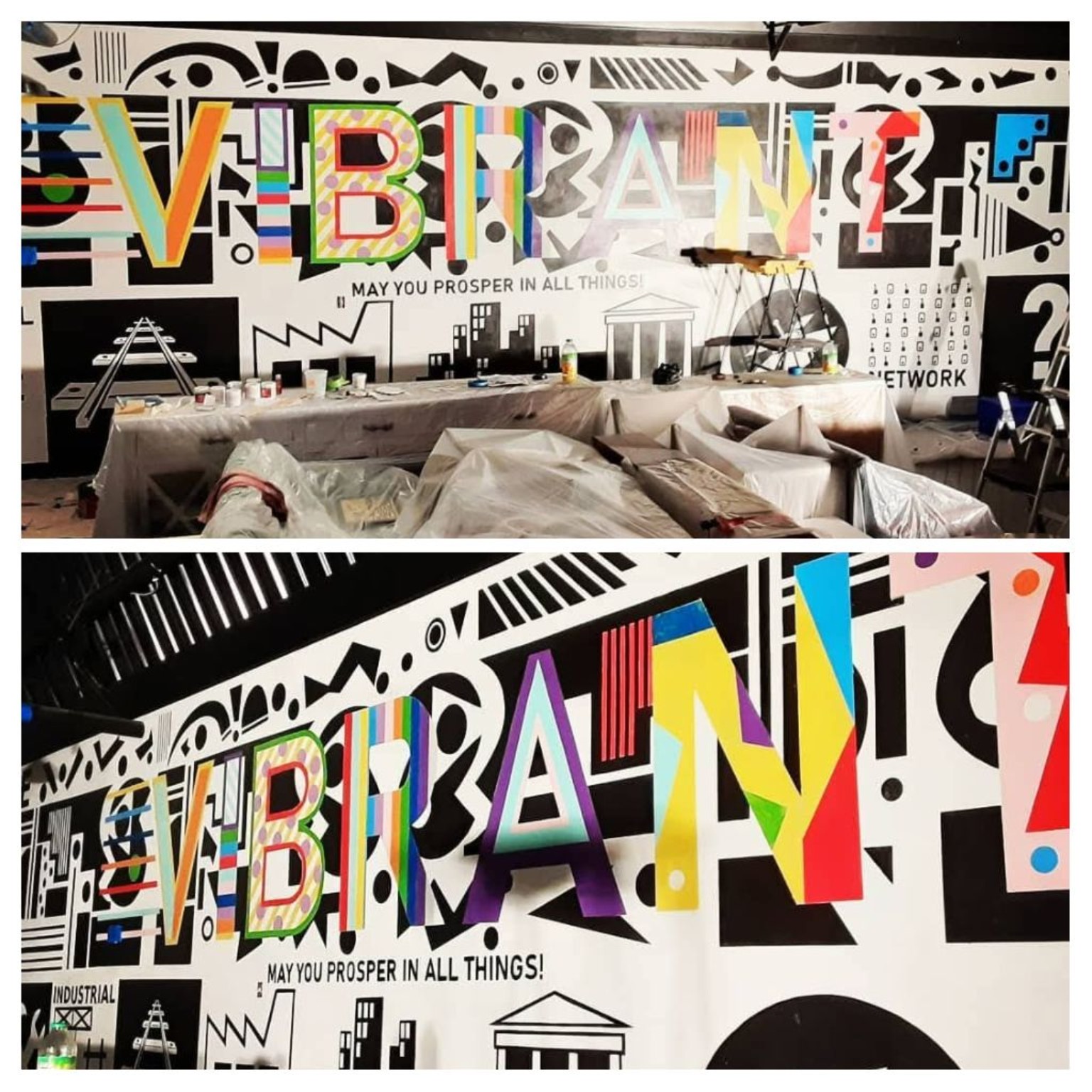 Past/Future Vibrant mural at TolHouse with colorful lettering over a black-and-white graphic wall